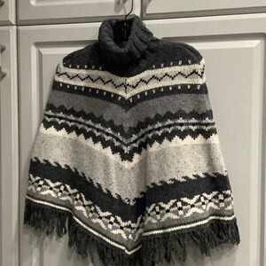 Next Era of Turtleneck Heather Gray Graphic Design Fringe Poncho Sz S